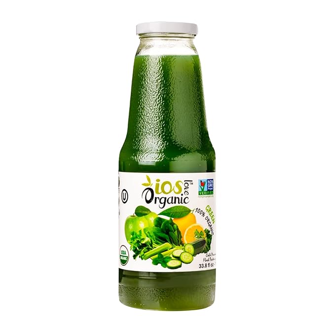 IOS Love Organic Juice - USDA Organic Certified - Cold Pressed No Added Sugar No Water No Artificial Colors No Preservatives No Flavors Added No Gluten - 33.8 Fl Oz (Green Pack of 2)