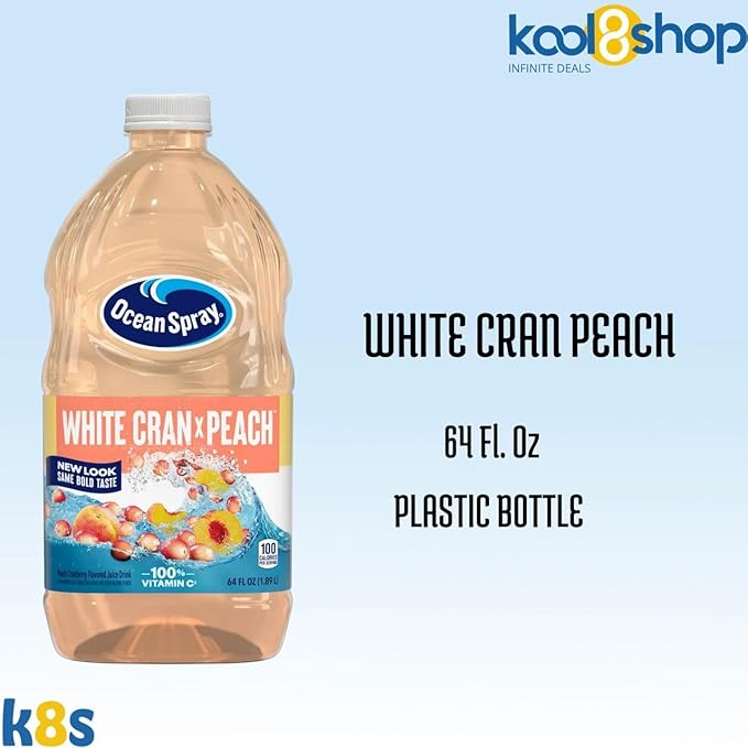 Ocean Spray White Cran Peach Juice Drink 64 fl oz Plastic Bottles 4 Pack + 15 Sugarcane Disposable Straws by KOOL8SHOP Infinite Deals