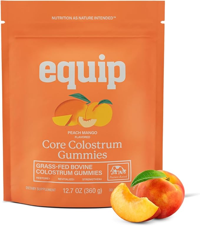 Equip Foods Core Bovine Colostrum Gummies Delicious 1g Per Seving Grass Fed Colostrum Supplement - Gut Health Immunity Recovery Hair &amp Skin - 60 Bovine Colostrum Gummies 30 Servings Peach Ma