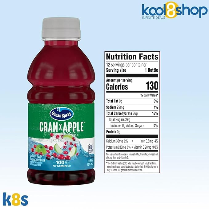 Ocean Spray Cran Apple Fruit Juice Drink 10 fl oz Plastic Bottles 24 Pack + 2 Reusable Snack Bags by KOOL8SHOP Infinite Deals