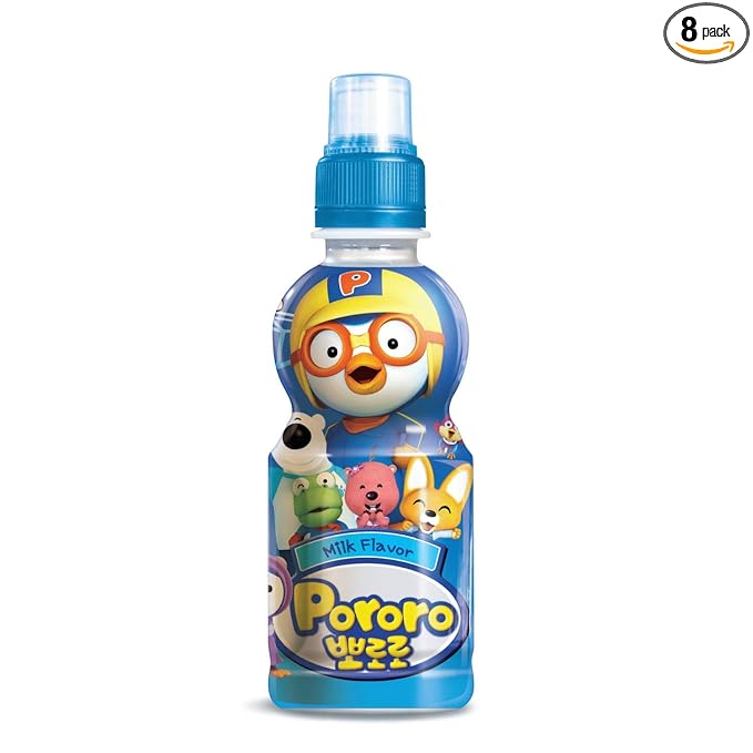 Paldo Fun &amp Yum Pororo Kids Milk Flavor Drink Pack of 8 Fruit Juice Drinks with Comfortable Push-Pull Sports Cap Perfect Drink for Children 7.95 fl oz. x 8
