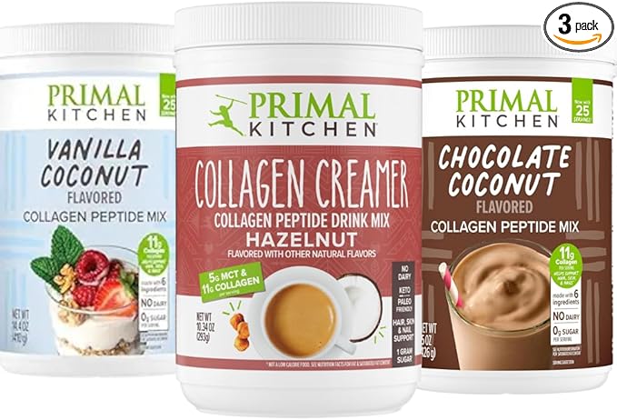 Primal Kitchen Collagen Powder Variety Pack – Vanilla Coconut 14.4 oz Chocolate Coconut 15 oz Hazelnut 10.34 oz – Paleo Friendly Keto Certified Collagen Peptides