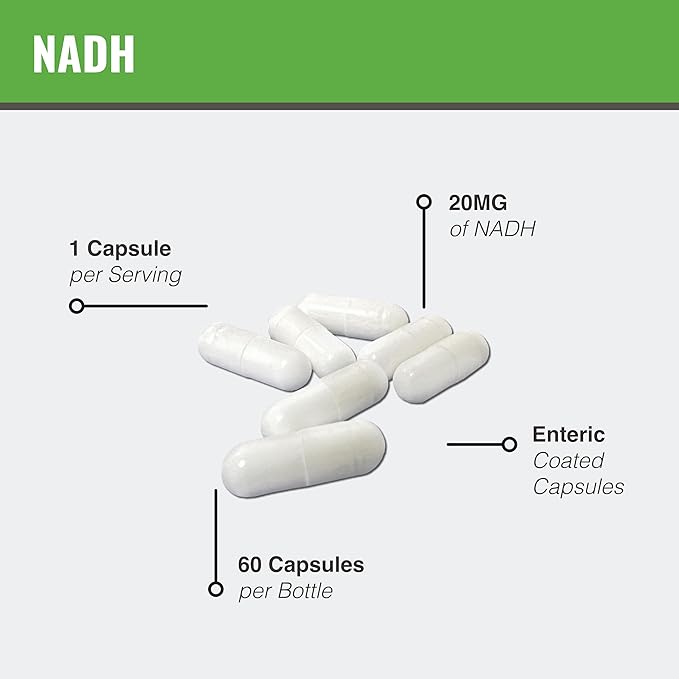 MAAC10 NADH Supplement 20mg Each 60 Capsules for Energy Fatigue Mental Focus &amp NAD+ Longevity Support | Pharmaceutical Grade 99% Pure NADH