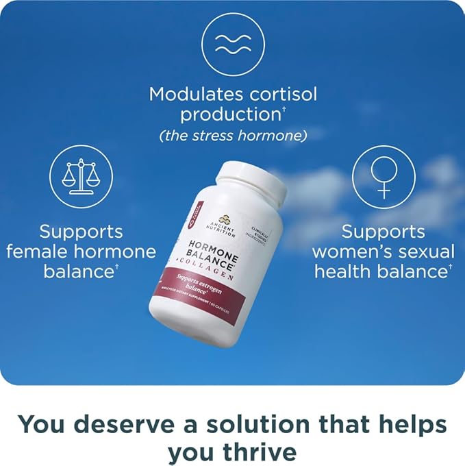 Ancient Nutrition Hormone Balance + Collagen Supplement Hydrolyzed Collagen Peptides Key Clinically Validated Ingredient to Support Balanced Hormones and Boost Energy 60 Capsules