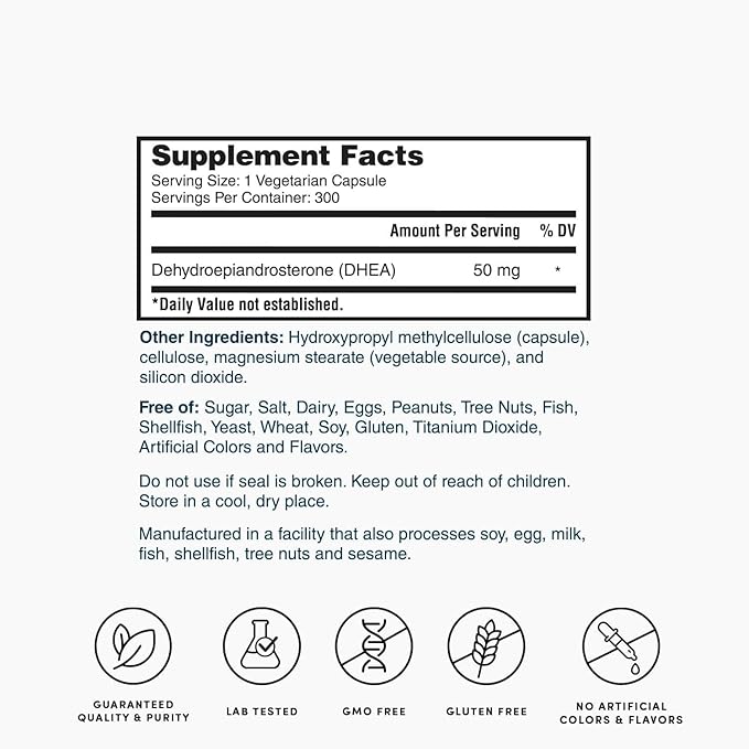 Nature's Lab DHEA 50mg Supplement - Promotes Balanced Hormone Levels Healthy Energy and Increased Mental Clarity* - 300 Capsules (10 Month Supply)