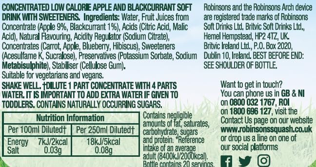 Robinson's Fruit Drink Apple &amp Blackcurrant No Added Sugar 1-Liter Plastic Bottles (Pack of 4)