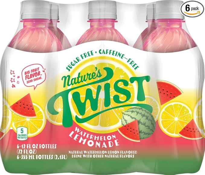 Nature’s Twist Sugar Free Watermelon Lemonade with Real Fruit Juice - Caffeine Free Low Sodium Natural Flavor 12 Fl Oz Bottles (6-pack)