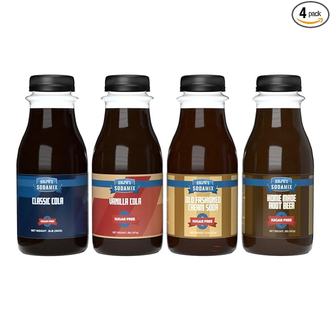 Ralph's 4 Sugar Free Sparkling Water Soda Maker Flavors Pack | Classic Cola | Classic Vanilla Cola | Cream Soda | Root Beer | Four 12oz Bottles | Sodamix