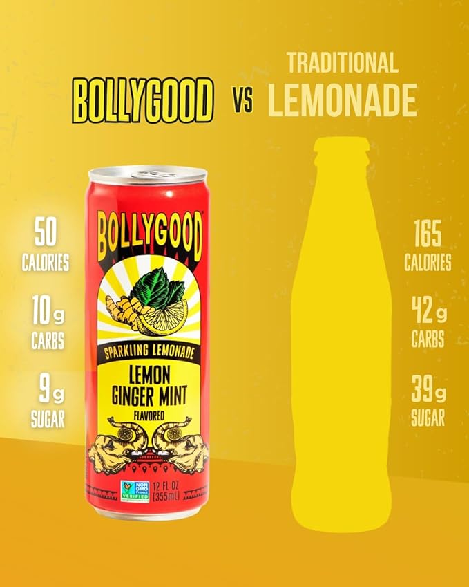 Bollygood Sparkling Lemonade Lemon Ginger Mint Indian Inspired Beverage Nimbu Pani No Artifical Colors or Flavors Non-GMO Project Verified12 FL OZ Cans (Pack of 12)