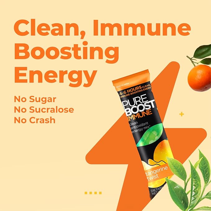 Pureboost Immune Clean Energy Booster Refreshing Energy Drink Mix and Immunity Supplement with Elderberry 1200 mg Vitamin C Vitamins A + D and Zinc. (Tangerine Twist 30 Count)