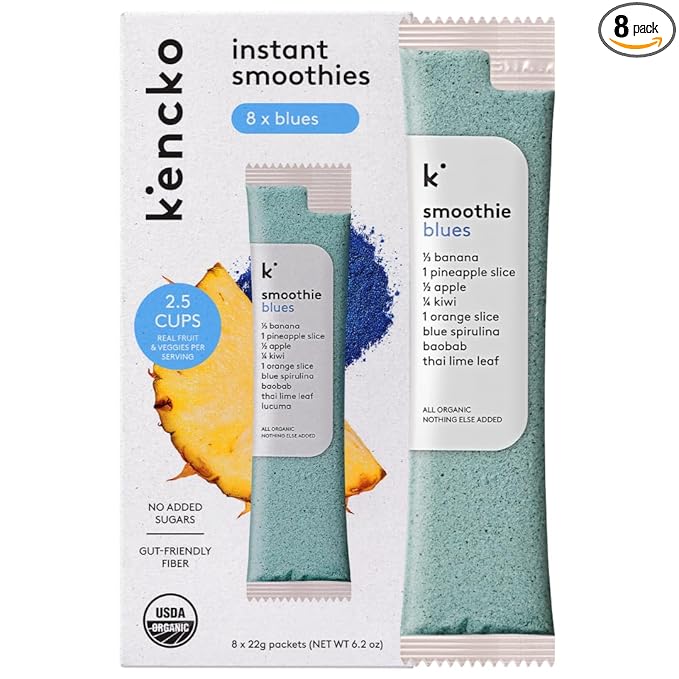 kencko Blues Smoothie Mix Packets - 8 Instant Breakfast Smoothies Made of Nature’s Original Superfoods - Pineapple Kiwi Banana Blue Spirulina &amp More - Organic Fruit &amp Veggie Healthy Smoothi