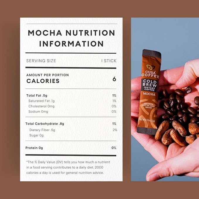 Cusa Tea &amp Coffee Mocha Cold Brew. Premium Instant Coffee Rainforest Alliance Certified Arabica Beans. Drink Mix Packets Ready in Seconds Makes Hot or Iced Coffee (30 Servings)
