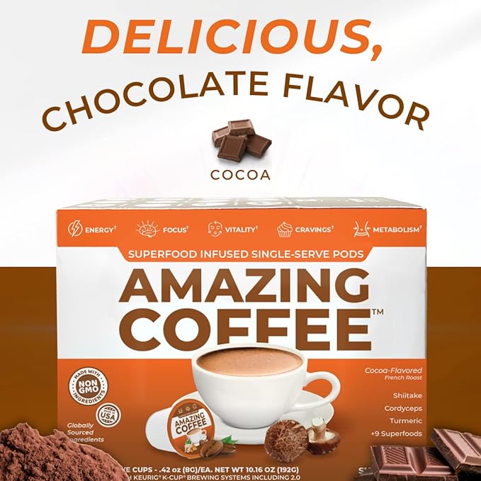 Superfoods Company Amazing Coffee- 12 Natural Superfoods - French Roast - Weight Loss &amp Brain Boost - Gluten Free Non-GMO Sugar Free Vegan &amp Keto Friendly [48 Pods] [Cocoa]