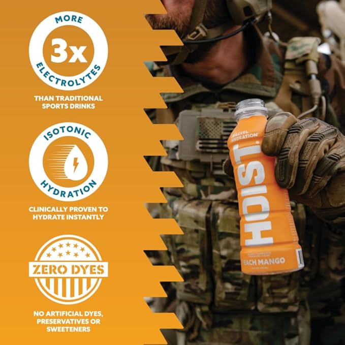 HOIST Premium Military Hydration Electrolyte Drink – Blue Raspberry (12‑Pack) + Blaze Orange (12‑Pack) + Peach Mango (12‑Pack) – 3‑Flavor High‑Performance Hydration Triple‑Pack