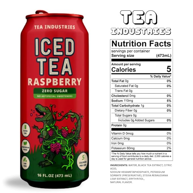 Tea Industries Black Tea with Raspberry Iced Tea – Sugar Free Low Calorie Refreshing Drink Natural Fruity Flavor 16oz Cans (12-Pack)