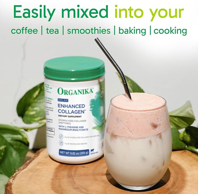 Organika Enhanced Relax Collagen Peptides Powder with L-Theanine &amp Magnesium Bisglycinate (9 oz): Enriched Collagen Powder for Women &amp Men - Skin Hair Joints - Sleep Vitality Relaxation