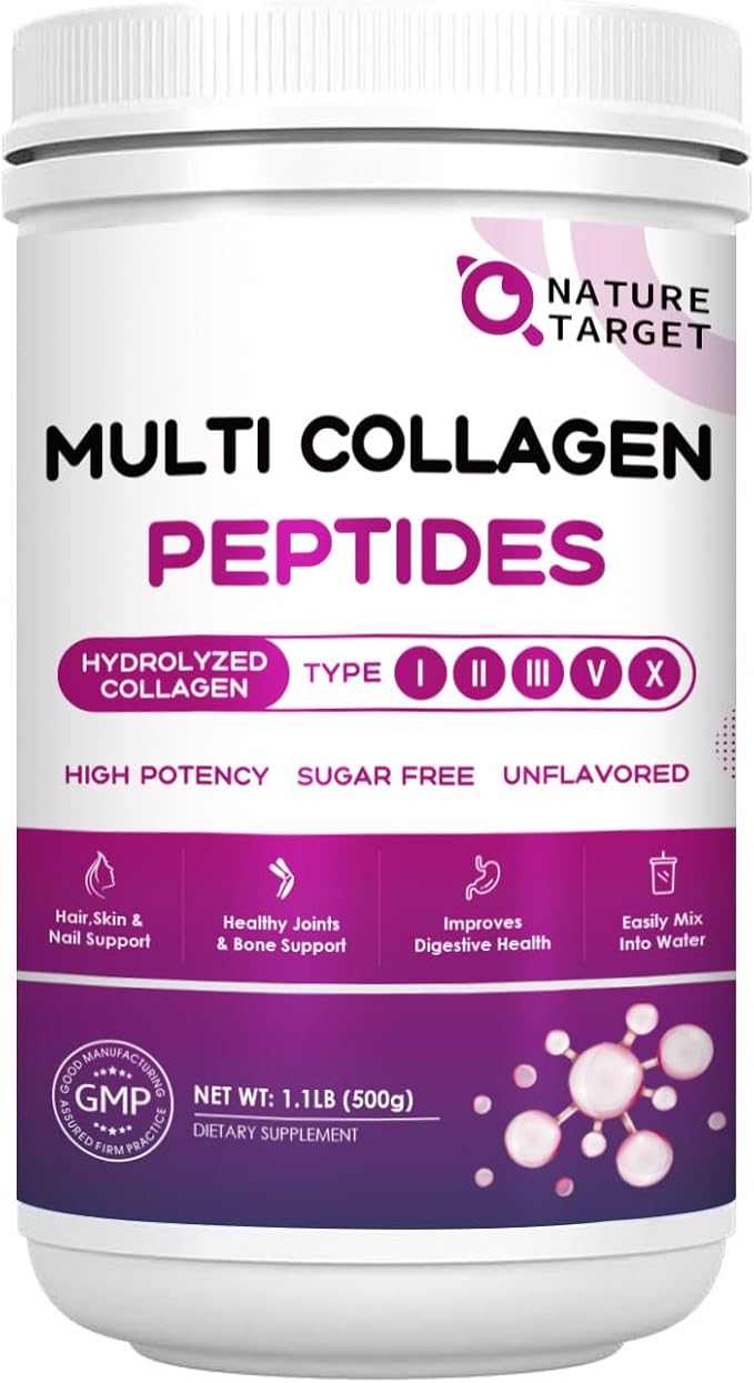 NATURE TARGET Multi Collagen Peptides Powder - Type I II III V X - Hydrolyzed Collagen Peptides with Vitamin C Hyaluronic Acid Supports Skin Hair Nail &amp Joint Grass-Fed Non-GMO 50 Servings