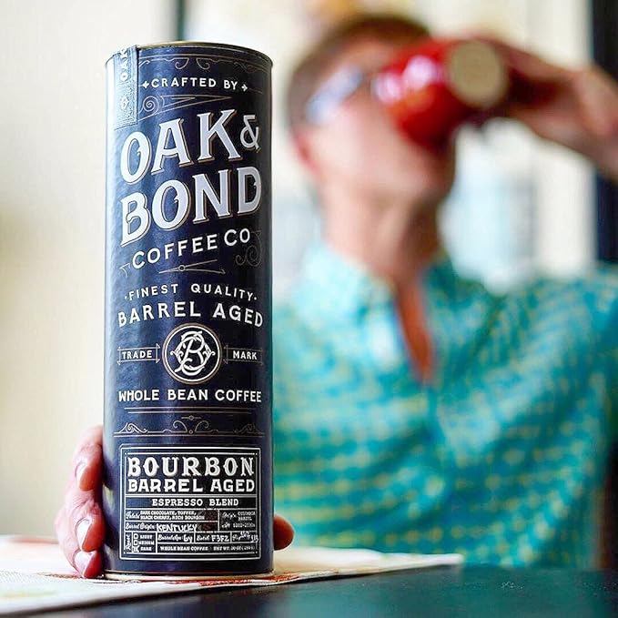 Espresso Bourbon Barrel Aged Coffee Colombia &amp Brazil Blend Whole Bean Arabica Dark Roast w/ Chocolate Black Cherry Toffee Rich Kentucky Bourbon &amp Oak Flavors by Oak &amp Bond Coffee Co