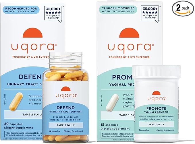 Uqora Defend &amp Promote - Urinary &amp Vaginal Health Supplement Bundle for Daily Support - Supports Vaginal Health Bladder Wall Integrity &amp Cleanses Biofilm** - Easy to Consume - One-Month S