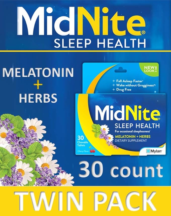 MidNite Natural Sleep Supplement 30 Count Chewable Cherry-Flavored Tablets Natural Non-Habit Forming Sleep Aid Melatonin Supplement - Twin Pack