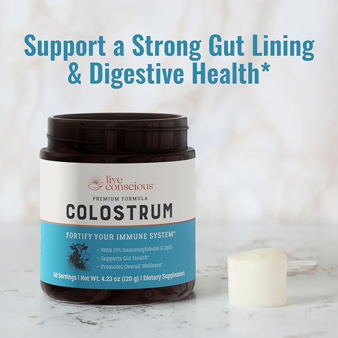 Live Conscious Colostrum Powder - Grass Fed Bovine Colostrum Supplement with Lactoferrin for Iron Absorption - Immune System Supplement (2-Pack)