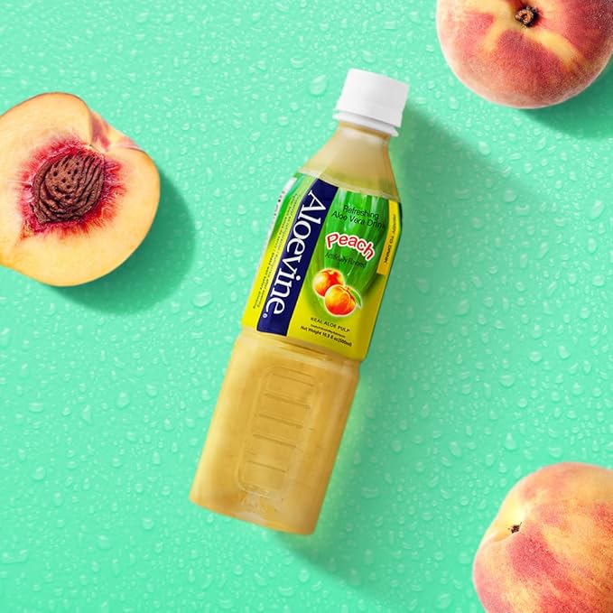 Aloevine Aloe Vera Drink Peach – Drink Aloe Juice with Real Aloe Chunks | Healthy Plant-Based Korean Beverage | Aloe Vera Juice | 16.9 oz Bottles (20 Pack)