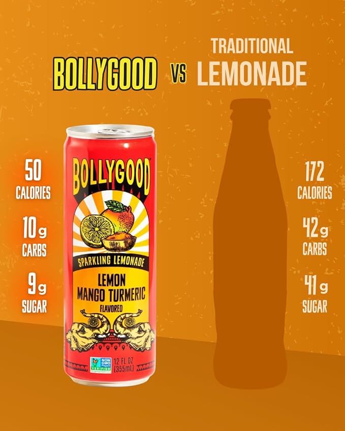 Bollygood Sparkling Lemonade Lemon Mango Turmeric Indian Inspired Beverage Nimbu Pani No Artifical Colors or Flavors Non-GMO Project Verified 12 FL OZ Cans (Pack of 12)