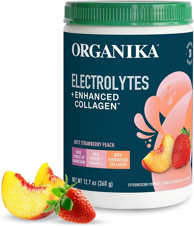 Organikа Electrolytes with Enhanced Collagen Powder for Women &amp Men - 13 oz - Strawberry Peach-Flavored Effervescent Electrolyte &amp Collagen Drink Mix - Deep Hydration Mobility Skin Hair &a