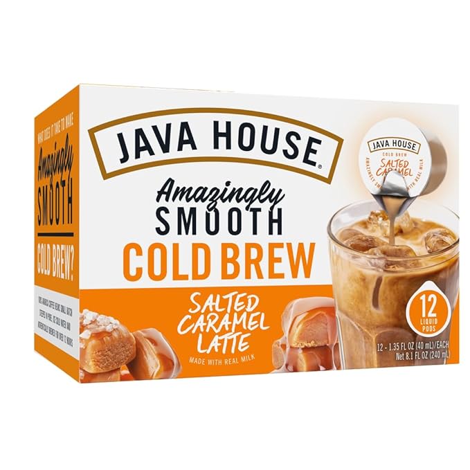 JAVA HOUSE Salted Caramel Latte Cold Brew Coffee Pods (12 Count) Peel and Pour Pods Hot or Iced