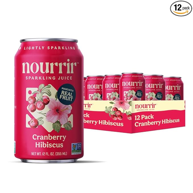 Nourrir Sparkling Cranberry Hibiscus Juice Real Fruit Bold Berries &amp Botanical Blend Non-GMO Gluten-Free Non-Alcoholic 90 cals 0g Added Sugar 12 cans (12-Pack)