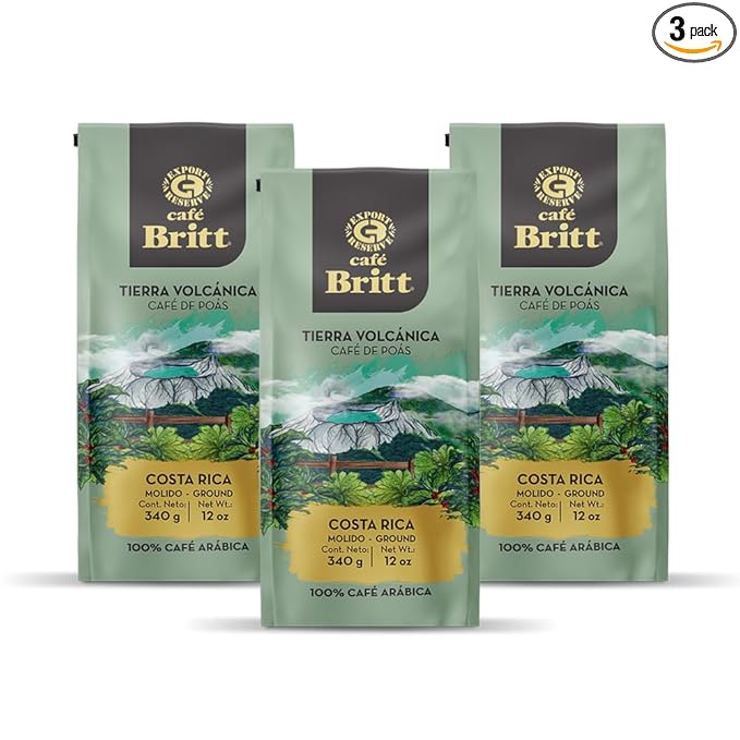 Café Britt® - Costa Rican Poas Tierra Volcanica Coffee (12 oz.) (3-Pack) - Whole Bean Arabica Coffee Kosher Gluten Free 100% Gourmet &amp Medium Light Roast