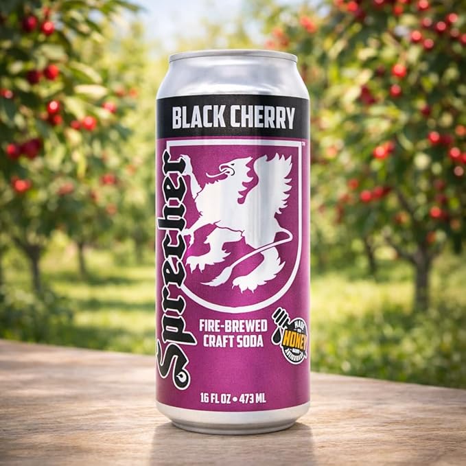 Sprecher Black Cherry Soda 16 fl oz Cans (12 Pack) Fire-Brewed with Real Honey &amp Door County Cherry Juice – Handcrafted Caffeine-Free Gourmet Beverage