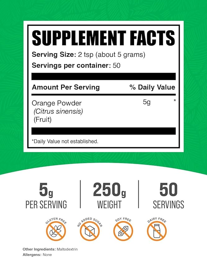 BulkSupplements.com Orange Powder - Orange Fruit Powder Nutrient-Rich Flavoring - Gluten Free 5g per Serving 250g (8.8 oz) (Pack of 1)