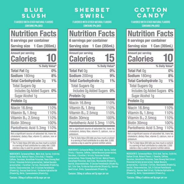 Alani. Nu Energy Drink Slush Variety Pack| (Pack Of 18) | 3 Different Flavors : Blue Slush Sherbet Swirl and Cotton Candy -12 fl. oz