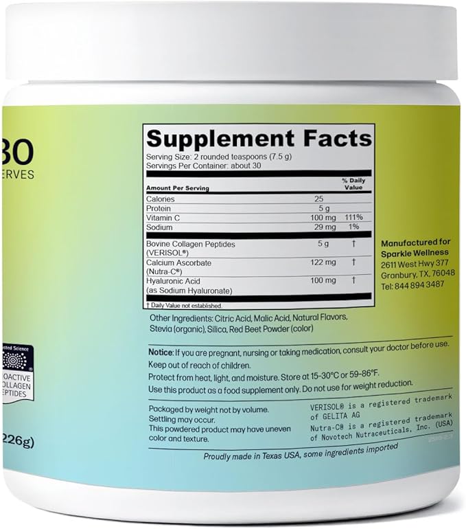 Sparkle Wellness VERISOL Bioactive Hydrolyzed Collagen Peptides | Collagen Powder with Vitamin C &amp Hyaluronic Acid for Hair Skin and Nail Health | Skin Boost Plus (Acai Lemonade) [30-Serves]