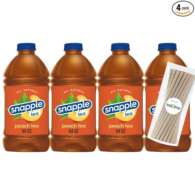 Snapple Peach All Natural Fruit Juice 64 fl oz Plastic Bottle 4 Pack + 15 Sugarcane Disposable Straws by KOOL8SHOP Infinite Deals