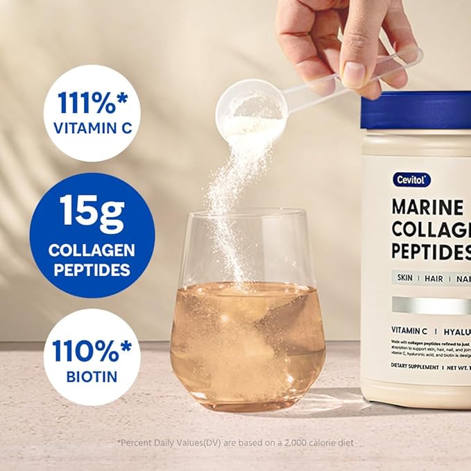 Marine Collagen Peptides - Hydrolyzed Ultra-fine Collagen Powder for Women &amp Men Hyaluronic Acid Biotin Vitamin C for Skin Hair Nails Joints Non-GMO Unflavored Easily Dissolved 16oz