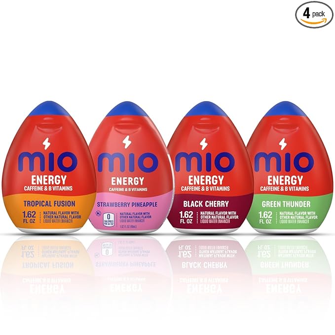 Mio Energy Water Enhancer Variety Pack 1.62 fl oz 4 Flavors (Tropical Fusion Strawberry Pineapple Black Cherry Green Thunder) with Caffeine and B-Vitamins Zero Sugar