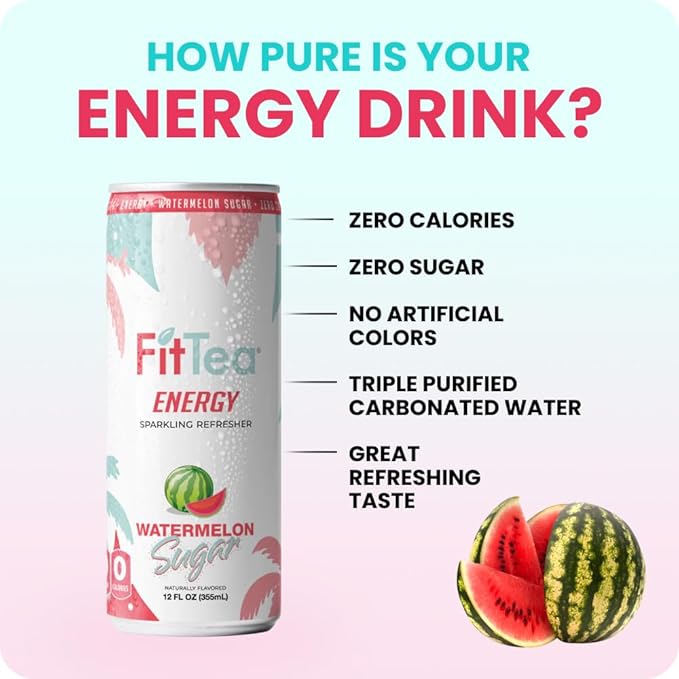 FitTea Healthy Energy Drink 12 Fl Oz - Watermelon Sugar Sparkling Refresher (12 Pack) Zero Calories Natural Green Tea Energy Drinks Sugar Free