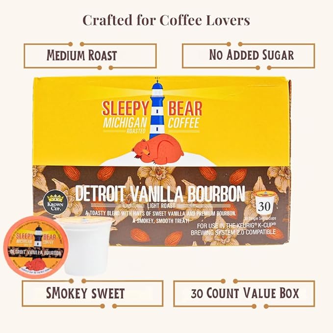 Sleepy Bear Coffee Pods Medium Roast Arabica Rich Flavor Michigan-Made Smooth &amp Sweet No Sugar Added 30ct Pods Compatible with Single-Serve Brewers (Detroit Bourbon Vanilla)