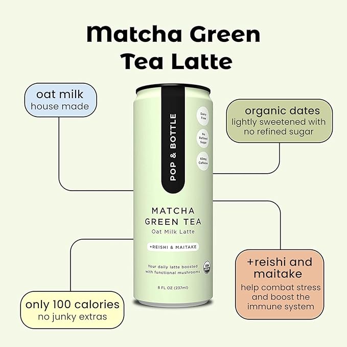 Pop &amp Bottle Vanilla and Matcha Oat Milk Lattes - Reishi and Maitake Mushrooms Green Tea Cold Brew Marine Collagen MCT Oil Organic Dairy &amp Gluten Free Vegan - 8 Fl Oz (Pack of 12) 6