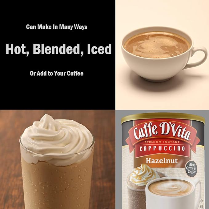 Caffe D'Vita Hazelnut Cappuccino - Instant Coffee Powder Mix Gluten Free No Cholesterol No Hydrogenated Oils No Trans Fat 99% Caffeine Free - 16 Oz Can 6-Pack