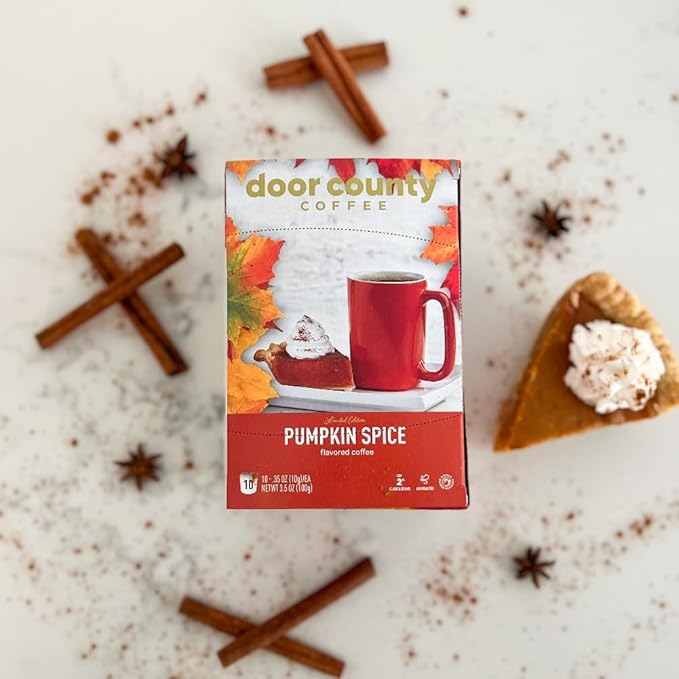 Door County Coffee Pumpkin Spice Fall Flavored Ground - 10 Count Single Serve Cups - Medium Roast - 100% Specialty Arabica - Flavored Gourmet - Cinnamon &amp Nutmeg