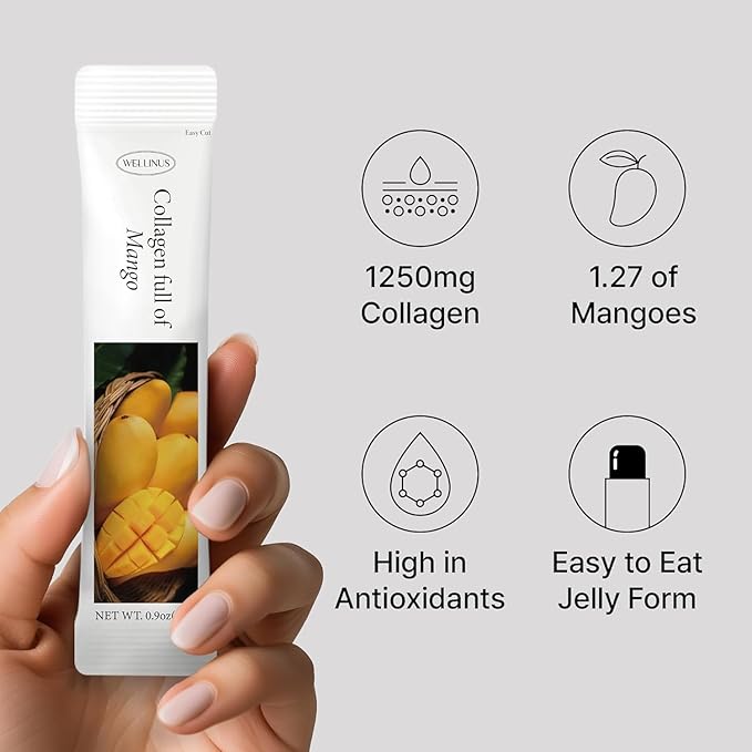 Korean Collagen Jelly Sticks - 25 Mango Flavored Marine Collagen Peptide Snacks for Anti-Aging- Collagen Protein Sugar-Free Travel Packs for Hair &amp Nail Strength