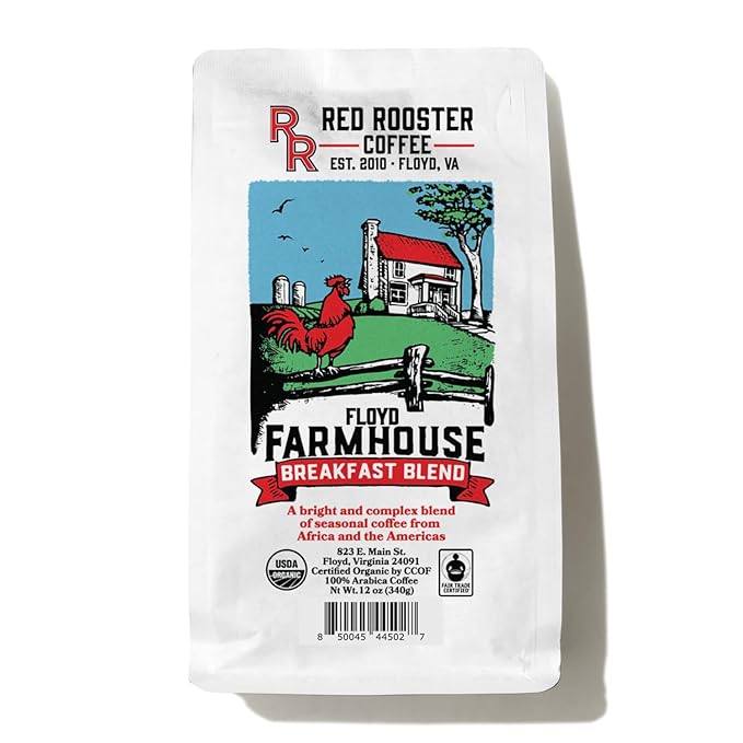 Red Rooster Coffee Organic Floyd Farmhouse Breakfast Blend – Light-Medium Roast Whole Bean Coffee – Notes of Toasted Almond Red Plum Caramel &amp Sunflower Butter – 5LB – USDA Organic Fair Trade