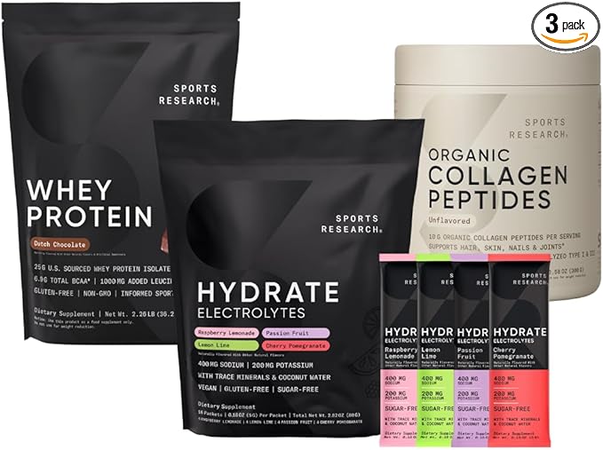 Sports Research Organic Collagen Peptides (Unflavored - 30 Servings) Hydrate Electrolytes Powder Packets (Variety Pack - 16 Servings) and Whey Protein Isolate (Dutch Chocolate - 25 Servings)