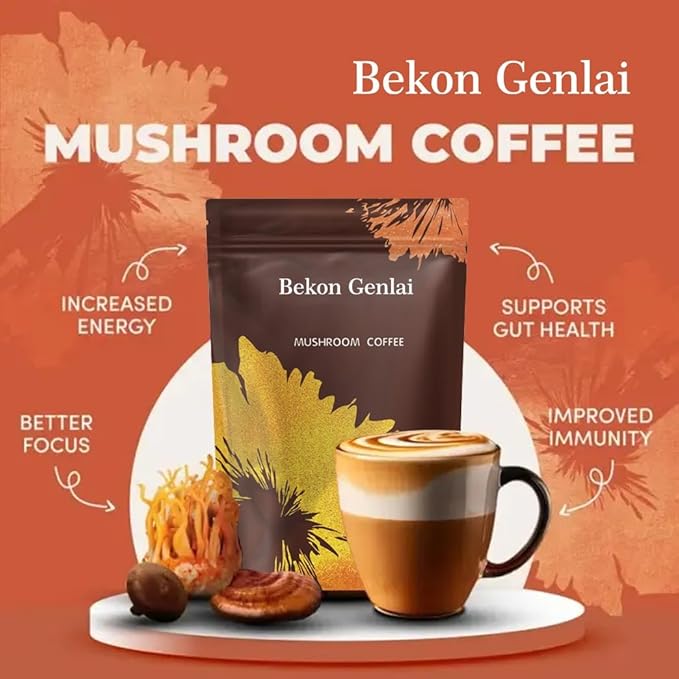 Bekon Genlai Mushroom Coffee – 2000mg Functional Mushroom Blend with Lion’s Mane Reishi Cordyceps Shiitake Turkey Tail &amp King Trumpet – Instant Arabica Coffee – Focus Immunity &amp Energy Su