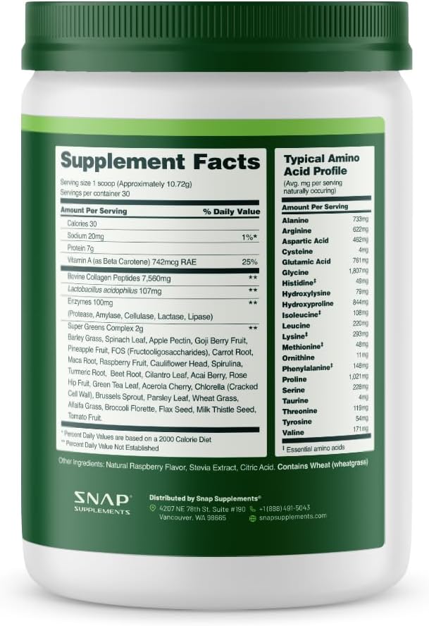 Snap Supplements Super Greens Powder with Collagen Peptides 26 Fruits and Vegetables Grass Fed Non-GMO Daily Greens for Hair Skin Nails &amp Joint Support 11.34 oz (30 Servings 1 Month Supply