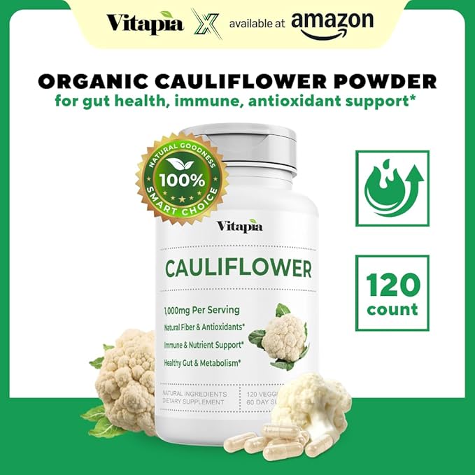 Organic Cauliflower Superfood Veggies Powder Supplement - Natural Sulforaphane Vitamins Minerals for Digestion Energy Antioxidant Support - 120 Vegetable Capsules Non-GMO Gluten-Free