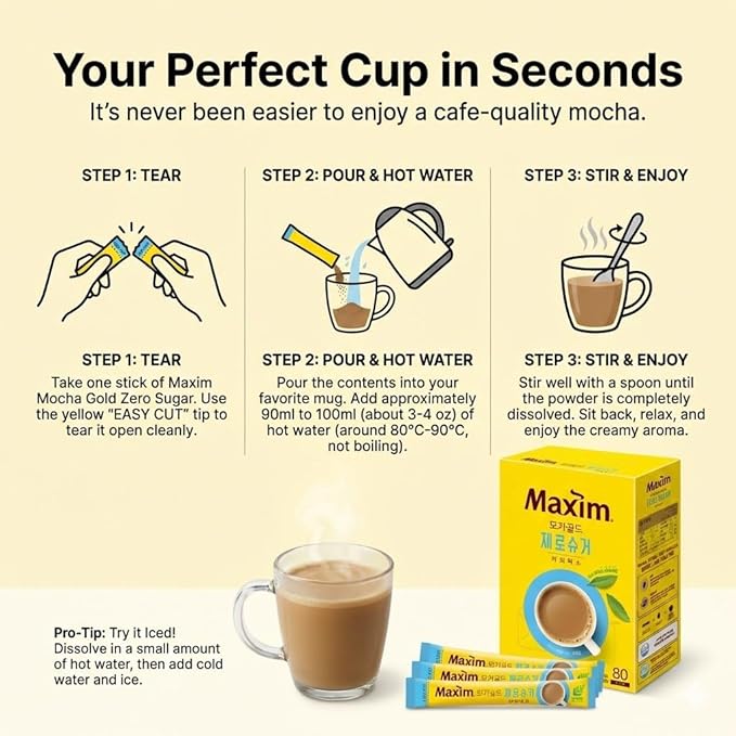 Zero Sugar Mocha Gold Coffee Mix – 80 Sticks (30 Calories per Stick) | Sweet &amp Creamy Korean Instant Coffee | No Sugar Low Calorie